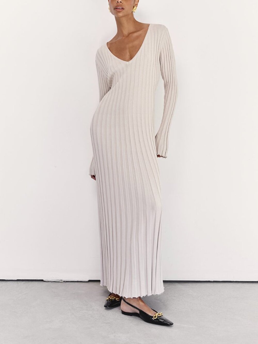 DISSH Reign V-Neck Midi Dress in Stone - L - NWT